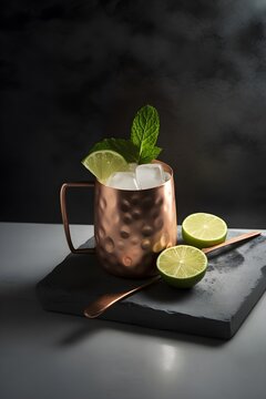Alcoholic Mint Julep Cocktail in metal cup in a modern style served on a elegant white marble table, minimalist  dark background, natural stone, concrete, luxury, sunlight, AI Generated.