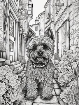  AI generated.Antistress coloring book for adults. Yorkshire terrier in the city Generative AI