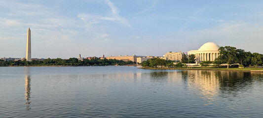 Panorama of the Washington DC skyline including the Washington Monument and Jefferson Memorial