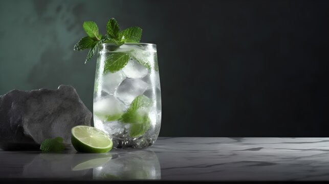 Alcoholic Mojito Cocktail in modern style served in glass on a elegant white marble table, dark minimalist background, natural stone, luxury, AI Generated.