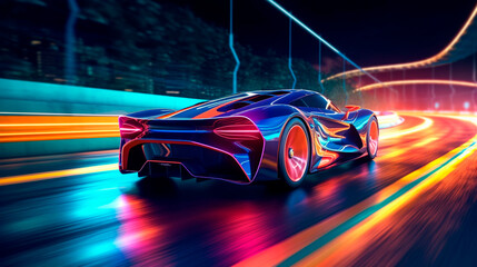 Futuristic Sports Car On Neon Highway. Powerful acceleration of a supercar with colorful lights trails. Generative AI
