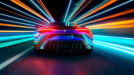 Futuristic Sports Car On Neon Highway. Powerful acceleration of a supercar with colorful lights trails. Generative AI