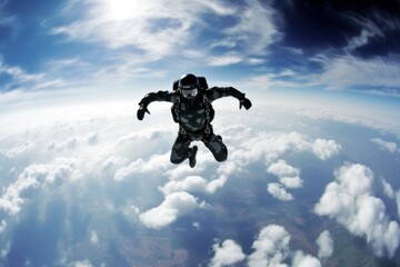 Fototapeta na wymiar A dynamic shot of a person engaged in an extreme sport like skydiving conveying a sense of thrill and adventure. Generative Ai