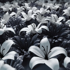 Closeup black of the blossomed beautiful white lily flowers. Sympathy card with lily flowers. Black and white image. Realistic 3D illustration. Generative AI
