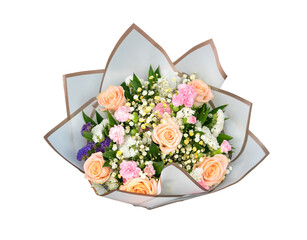 Bouquet of beige or champagne color roses with baby breath. Isolated, transparent background.