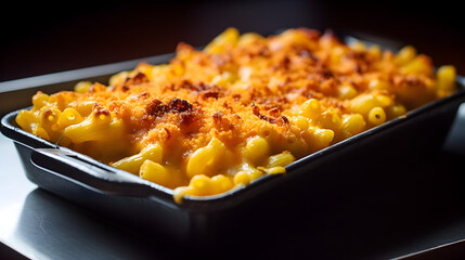 Perfect Mac and Cheese served on a casserole. Close up, Macro. Generative AI.