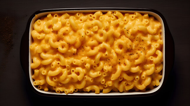 Delicious Mac and Cheese perfecly cooked isolated. Top view, Macro. Generative AI.