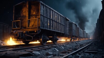 Fototapeta na wymiar Hot fire burning wagons with cargo. misfortune, calamity. environment and insurance concept.Generative AI 