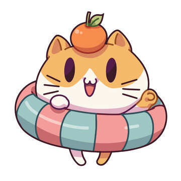 Cute design element cartoon, cartoon illustration of fat orange cat wearing a swim ring, Cartoon illustration for children, Vector image.