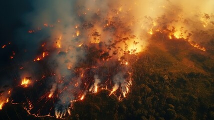 Hot fire burning forest at night, natural disaster. environment concept.Generative AI 