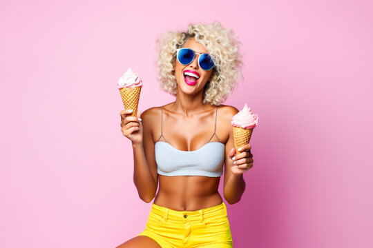 Happy Sexy Woman Eating Ice Cream, Adult Girl Having Fun In Summer, Generative AI.