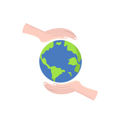 Hands holding planet earth icon in flat style on a white background.  Design for earth day and environment campaign