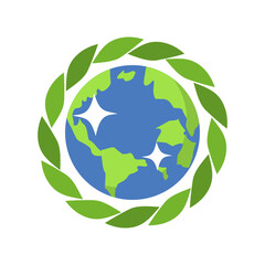 Planet earth with green leaves icon on white background. Vector illustration.