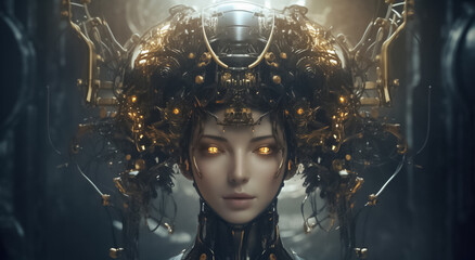 sight of a futuristic cyborg girl, her head adorned with metallic and bress gear, evoking a mesmerizing fantasy image. Generative AI.
