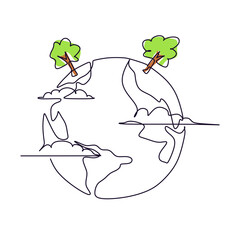Continuous line drawing of earth planet with trees. Design element for environment concept 