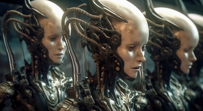 sight of a futuristic cyborg girl, her head adorned with metallic and bress gear, evoking a mesmerizing fantasy image. Generative AI.