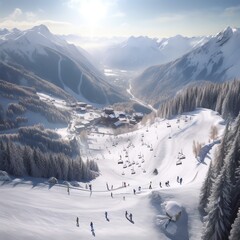 Ski resort view of snowy mountains and people skiing