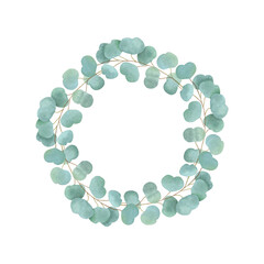 Watercolor wreath of eucalyptus branches on a transparent background. Hand drawn illustration. Round frame for poster, invitation, postcard and background templates.