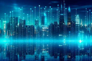 graph, statistical diagram neon blue lighting with financial indicators and investment city blurred in background. AI generated