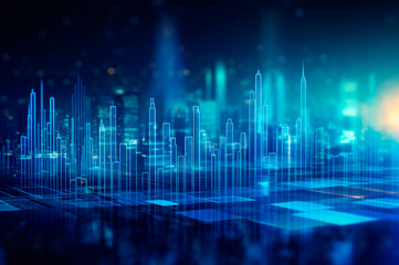 graph, statistical diagram neon blue lighting with financial indicators and investment city blurred in background. AI generated