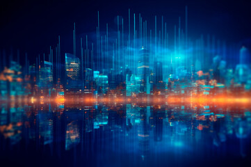 graph, statistical diagram neon blue lighting with financial indicators and investment city blurred in background. AI generated