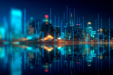 graph, statistical diagram neon blue lighting with financial indicators and investment city blurred in background. AI generated
