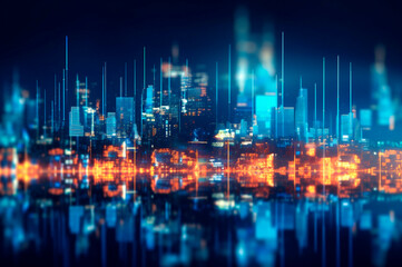 Obraz na płótnie Canvas graph, statistical diagram neon blue lighting with financial indicators and investment city blurred in background. AI generated