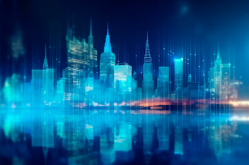 Fototapeta na wymiar graph, statistical diagram neon blue lighting with financial indicators and investment city blurred in background. AI generated
