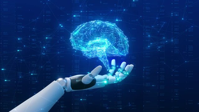 アンドロイドの手のひらの上で光るホログラムの頭脳 / 進化するAI・人工知能の3Dモーショングラフィックス / A holographic brain that glows in the palm of an android. 3D motion graphics of evolving AI.