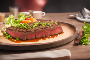 picture of beef steak on the table, looks delicious and tempting. AI generated