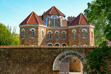 Hexagonal corner towers of the Municipal Library of Coulommiers, installed in a rehabilitated...