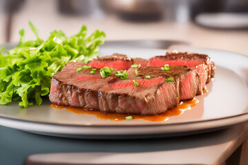 picture of beef steak on the table, looks delicious and tempting. AI generated