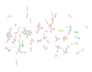 Bows flying in air. Many small ribbon in red, blue, pink, yellow throw explosion. Small Bow floating abstract black background isolated, high speed shutter freeze action