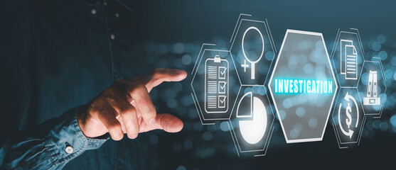 Investigation inspection audit business concept, Business person hand touching investigation icon...