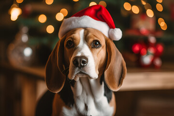 beagle dog under christmas tree  
in a santa claus hat generative ai 