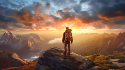 Obraz premium A man standing triumphantly on a snow-capped mountain peak. Generative ai