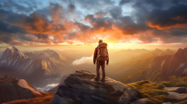 A man standing triumphantly on a snow-capped mountain peak. Generative ai