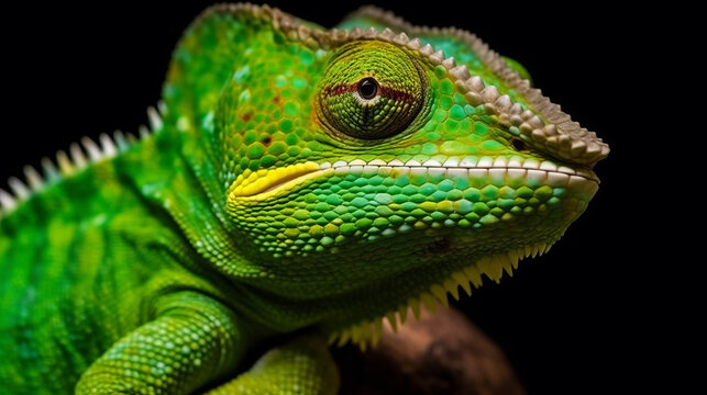 A detailed close up of a green chameleon perched on a tree branch. Generative ai