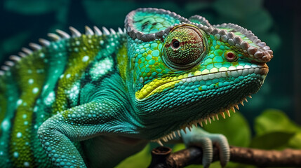 Fototapeta premium A close up view of a colorful chameleon. Generative ai