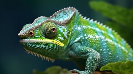 A detailed and vibrant chameleon with green and white scales. Generative ai