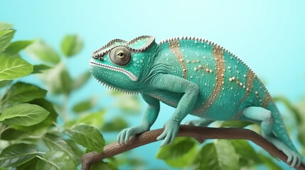 Obraz premium A camouflaged chameleon perched on a leafy branch. Generative ai