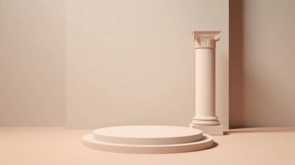A display stand with a podium in the style of a traditional Greek Doric column. copy space on a light, minimalist background. Illustration used to promote products, services, and museum Generative AI