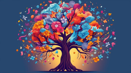 Obraz na płótnie Canvas A vibrant tree surrounded by fluttering butterflies. Generative ai
