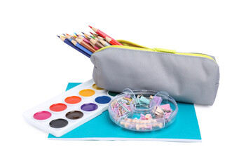 Many different school stationery isolated on white