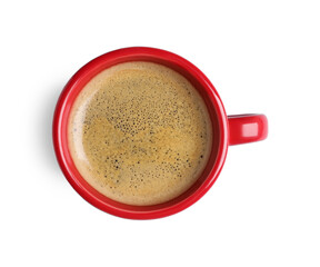 Red ceramic cup with hot aromatic coffee isolated on white, top view