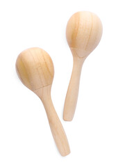 Wooden maracas isolated on white, top view. Musical instrument
