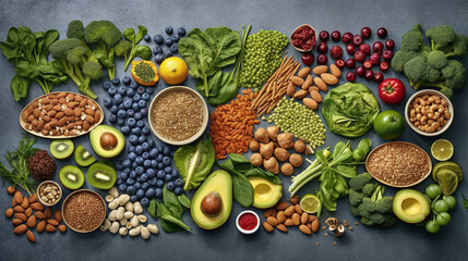 Healthy food clean eating selection, fruit, vegetable, seeds, superfood, cereal, leaf vegetable. Generative Ai