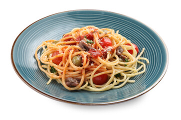 Plate of delicious pasta with anchovies, tomatoes and parmesan cheese isolated on white
