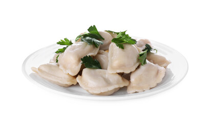 Delicious dumplings (varenyky) with tasty filling and parsley on white background
