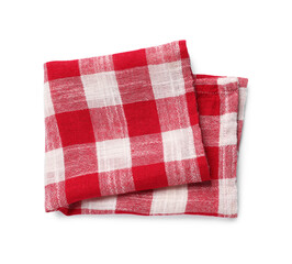 Red checkered tablecloth on white background, top view